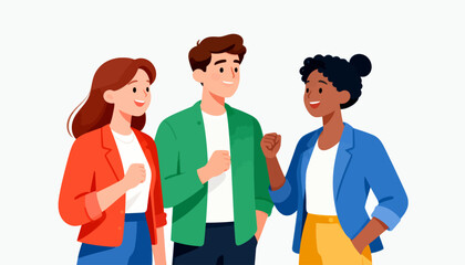 Fototapeta premium Three friends laugh together, sharing joy and camaraderie. Their smiles radiate warmth and genuine connection. Casual clothes and relaxed postures show easy friendship. Ideal for team gatherings