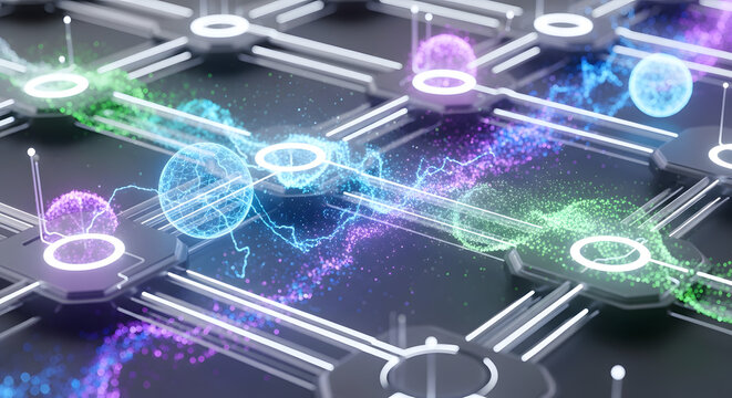 Vibrant circuit board with glowing lines and orbs on a dark background with technology and science elements