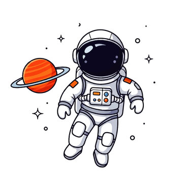 Vector flat design illustration of an astronaut floating in space with a planet and stars on a white background.