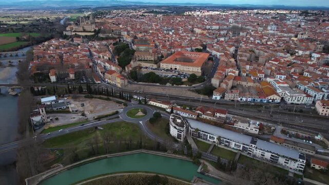 Aerial view beside the old town in the city of Beziers on a sunny day in early spring.