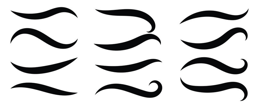 Swoosh line vector, underline swish, stroke swash swirl, curved hand drawn text calligraphic brush tail, black fireworks icon set. illustration in eps 10 on white background.