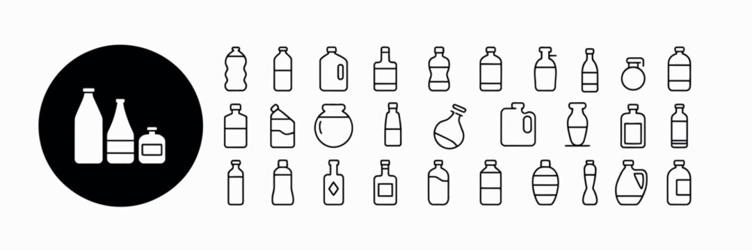 bottle packaging collection, vector set of containers for cosmetic beverage and product design, clean minimal line art illustrations with editable strokes, isolated elements for branding and mockup us