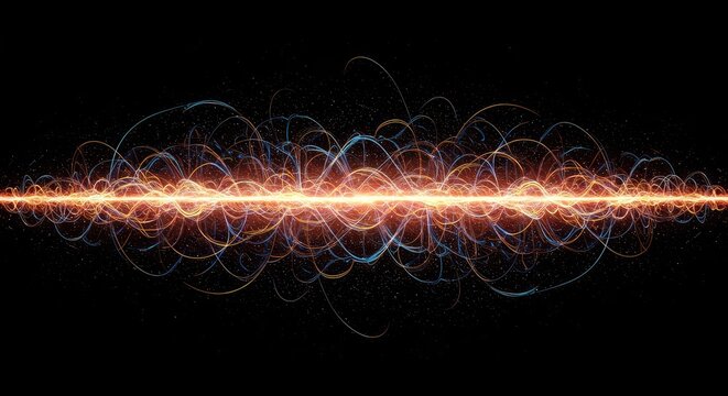 Abstract visualization of subatomic energy dynamics, showing synchronized waves and complex vibrational frequency patterns, abstract, technology, pattern