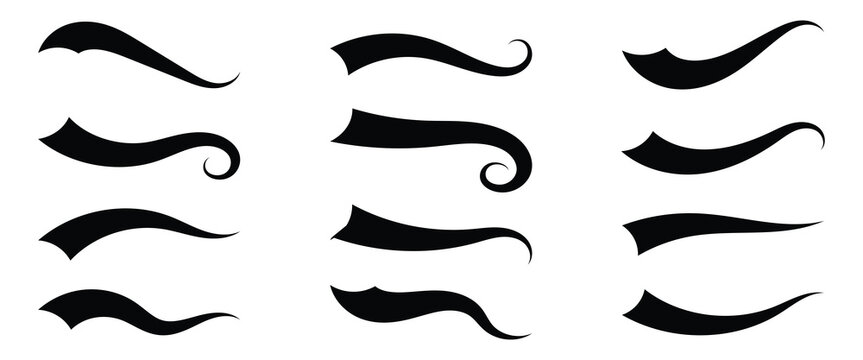 Set of different baseball swoosh tails, swoosh waves for text vector elements. In black color. Isolated on white background. eps10.
