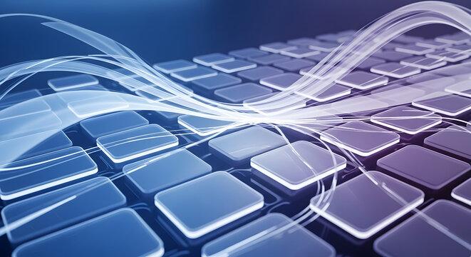 Glowing blue lines wave across a computer keyboard's keys closely