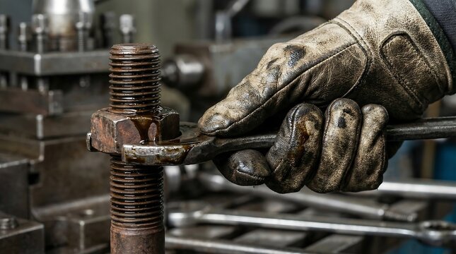 Close Up of Oily Gloved Hand Tightening Large Industrial Steel Bolt
