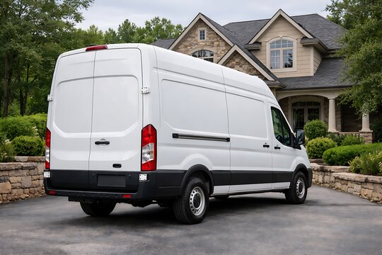White Cargo Van Parked on Driveway in Front of Modern House