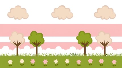 Fototapeta premium Cartoon landscape features pink clouds, trees, and flowers on grassy field with pink sky