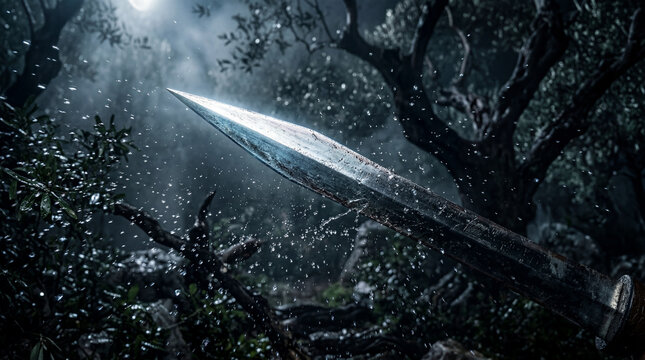 Sword glistens in moonlit forest, surrounded by mist and falling droplets
