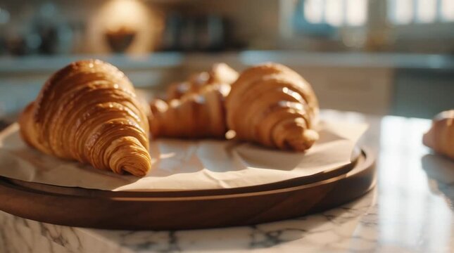 Croissant, pastry and breakfast food on marble surface for bakery display, cafe menu and morning indulgence with golden baked goods arranged beautifully in a warm setting. Food photography, baking