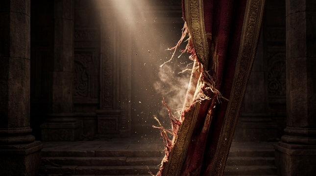Tattered red curtain in dramatic light reveals ancient stone architecture