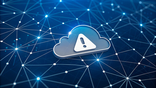 Cloud icon with warning sign on a digital network background symbolizing cybersecurity threats, data protection, and cloud computing risks. Ideal for IT security, technology, and online safety concept