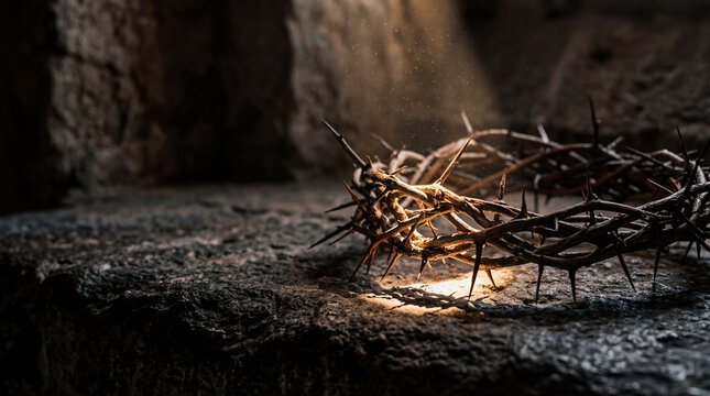 Crown of thorns on stone surface with dramatic lighting