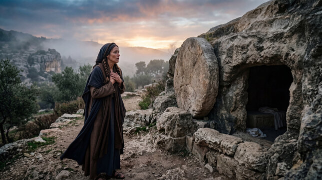 Woman in historical attire stands by ancient stone tomb at sunrise