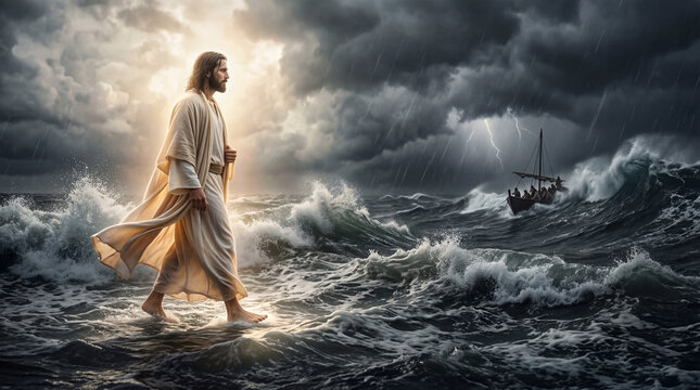 Walking on stormy sea, serene figure in flowing robes approaches boat