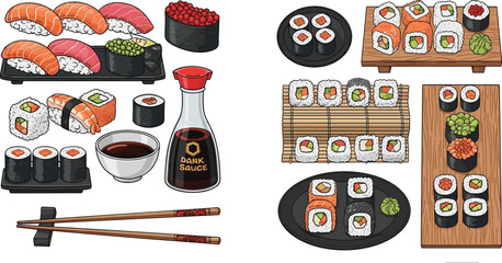 Premium vector collection of Japanese sushi rolls nigiri salmon maki and uramaki with soy sauce bottle chopsticks and wasabi on wooden boards. © MD
