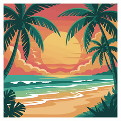 Obraz premium Tropical beach sunset with palm trees and ocean waves