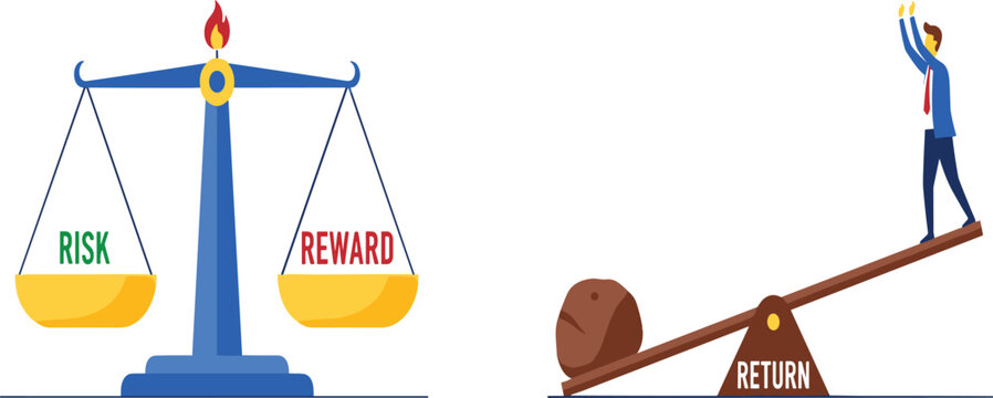 Professional businessman balancing risk and reward on classic scales alongside a seesaw metaphor for financial return and investment stability in corporate strategy.