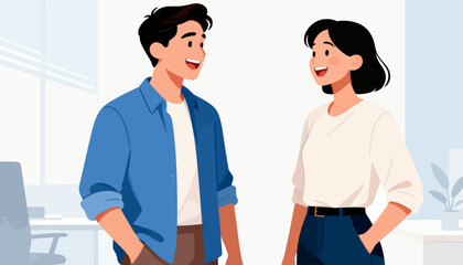 Fototapeta premium Two people smile warmly, sharing a friendly moment. They stand in a bright, modern office space. Their relaxed postures suggest comfort and ease. The scene captures a pleasant