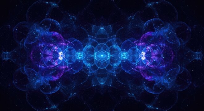 Endless complex digital geometry creating an abstract fractal structure. Deep blue and purple colors suggest vast space and eternal nature, conceptual, complexity, purple