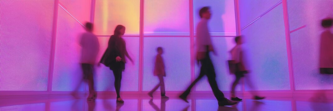 Blurry silhouettes of people walking in night-lit atrium. Light trails and glowing panels create immersive atmosphere