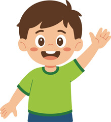 Obraz premium Friendly young boy with brown hair waving hello in a green t-shirt