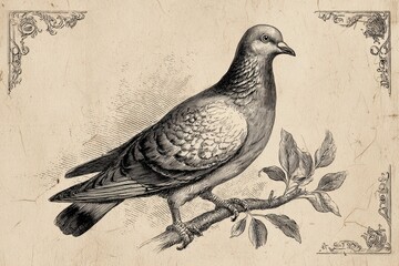 Fototapeta premium Vintage pigeon illustration in engraving style on aged parchment