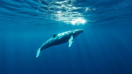 Obraz premium Majestic humpback whale swimming gracefully ocean depths wildlife photography underwater environment side view marine conservation