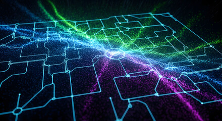 Fototapeta premium Vibrant circuit board pathways glow with neon lights in technology