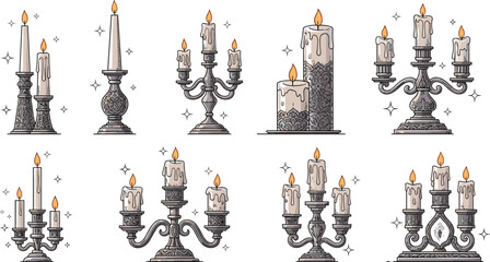 Vintage candle holder illustrations set with ornate candelabras antique stands burning candles classic decor vector collection © MDSaiful