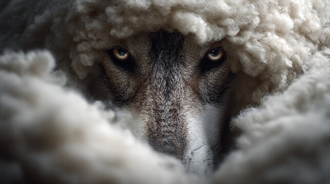 A cunning wolf looks from under a sheep's wool.