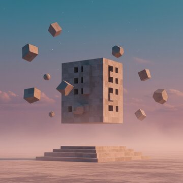 Abstract digital background featuring impossible architecture and floating geometric solids under a hazy, colorful sky, architecture, wallpaper, cube
