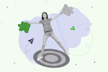 Naklejka premium Trendy art creative full zine photo collage of happy businesswoman businessman carry puzzle piece target arrow development