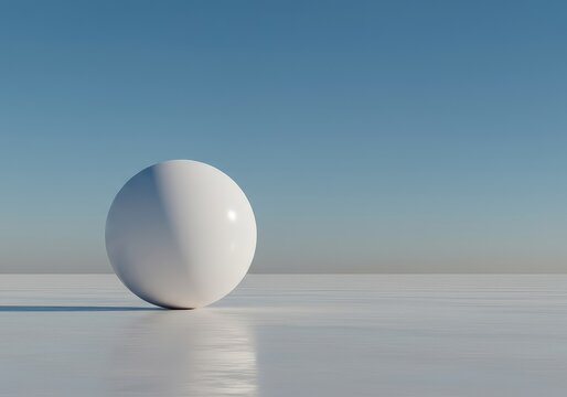 An abstract, dreamlike scene featuring a pure white spherical object resting on an empty, infinite plane under a gradient sky, emphasizing vastness and solitude, purity, simplicity, deserted