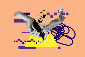 Picture trend collage of hand hold device with person screen on orange background