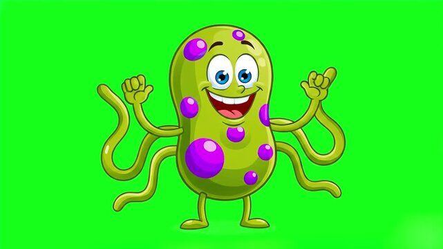 A whimsical 2D animated germ or microbe with purple spots and tentacle-like arms dancing on a green screen. Isolated vector character for medical, sanitation, or educational video content.