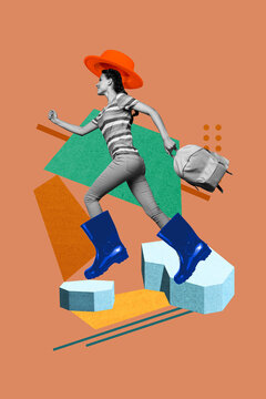 Creative collage of person run fast stand on ice cube on orange color background