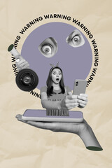 Obraz premium 3d sketch image vertical collage of minded it-specialist man girl peek phone screen danger warnings eyeball stare trojan virus