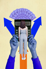 Trendy poster art collage of happy businesswoman hands hold calculator arrow development usd...