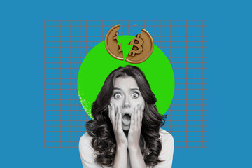 Creative collage of person making money online networking blogging bitcoin earning rising arrow...