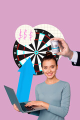 Vertical image art collage of happy businessman businesswoman hold laptop freelancer arrow...