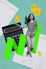 Art image vertical photo collage of happy businessman businesswoman stand calculator tool count...