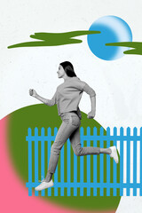 Pop poster collage of person stand run ladder fence image on white background