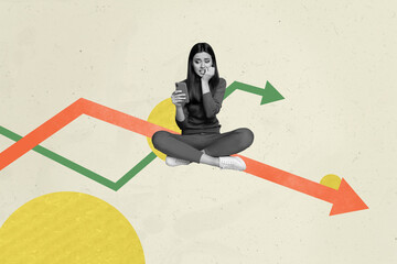 Naklejka premium Trendy poster art collage of minded businesswoman businessman stand arrow decline statistics economy loss inflation problem