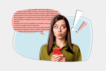 Naklejka na ściany i meble Art image full zine photo collage of happy girl guy receive notification dialogue chatting icon message tell cloud conversation