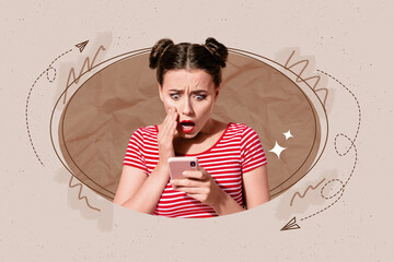 Pop trend collage of person use gadget stand in oval circle shape brown background