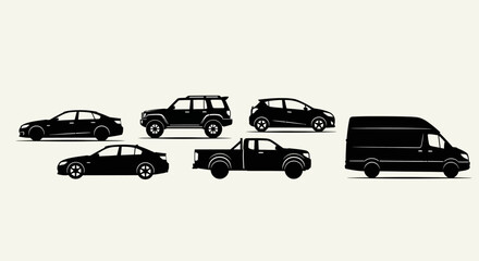 Fototapeta premium Black silhouettes of various cars and trucks on a light background