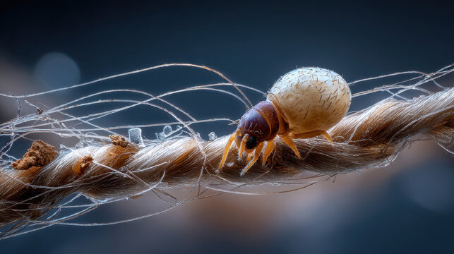 Macro closeup of lice egg attached to human hair strand showing parasite infestation and nit detail