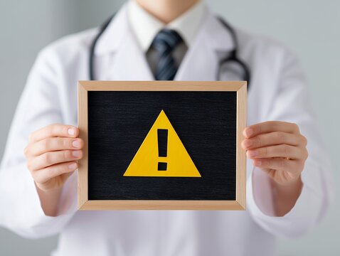 白衣を着た医師の手元で警告マークの黒板を持ち注意喚起や医療ミス防止を呼びかける様子