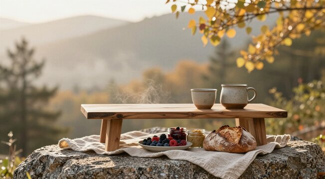 Autumn picnic setup with rustic bread and cups on wooden table outdoors